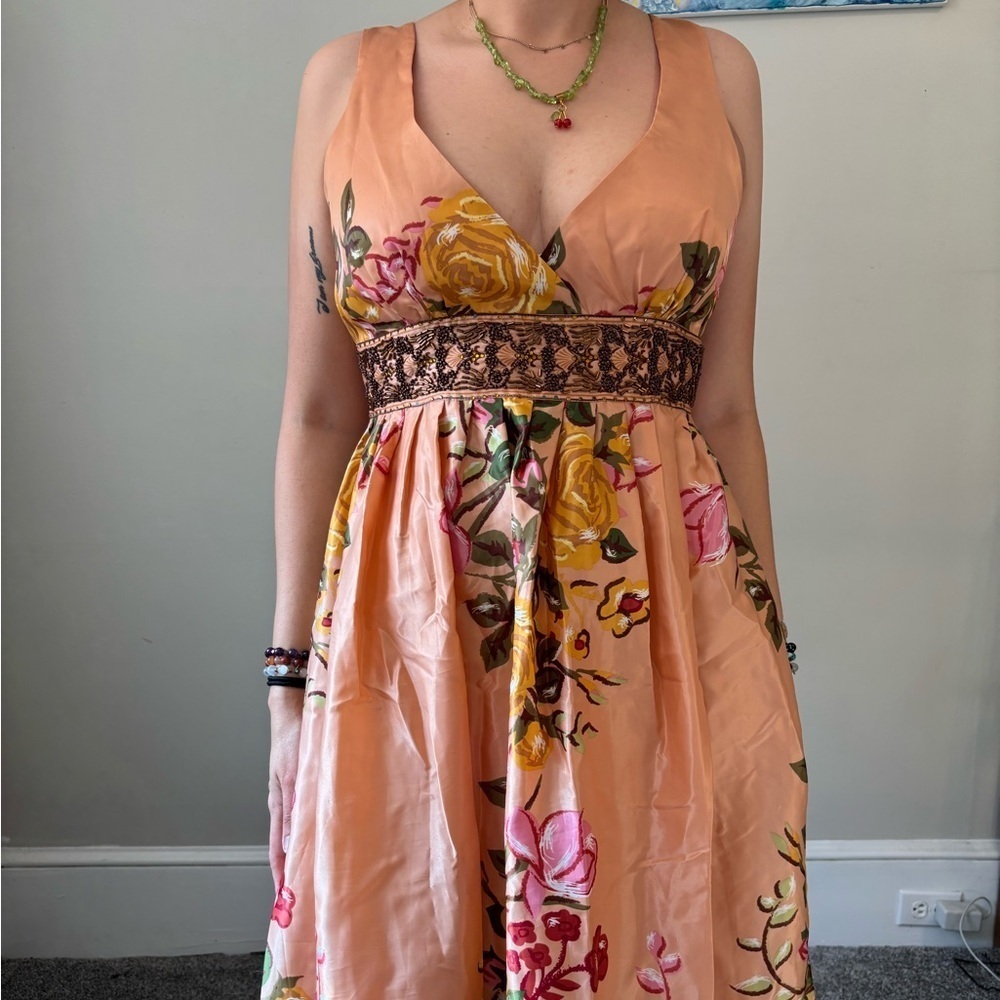 Y2K Fairycore Beaded Floral Embroidered Halter Prom Midi Indie Dress Extra Small